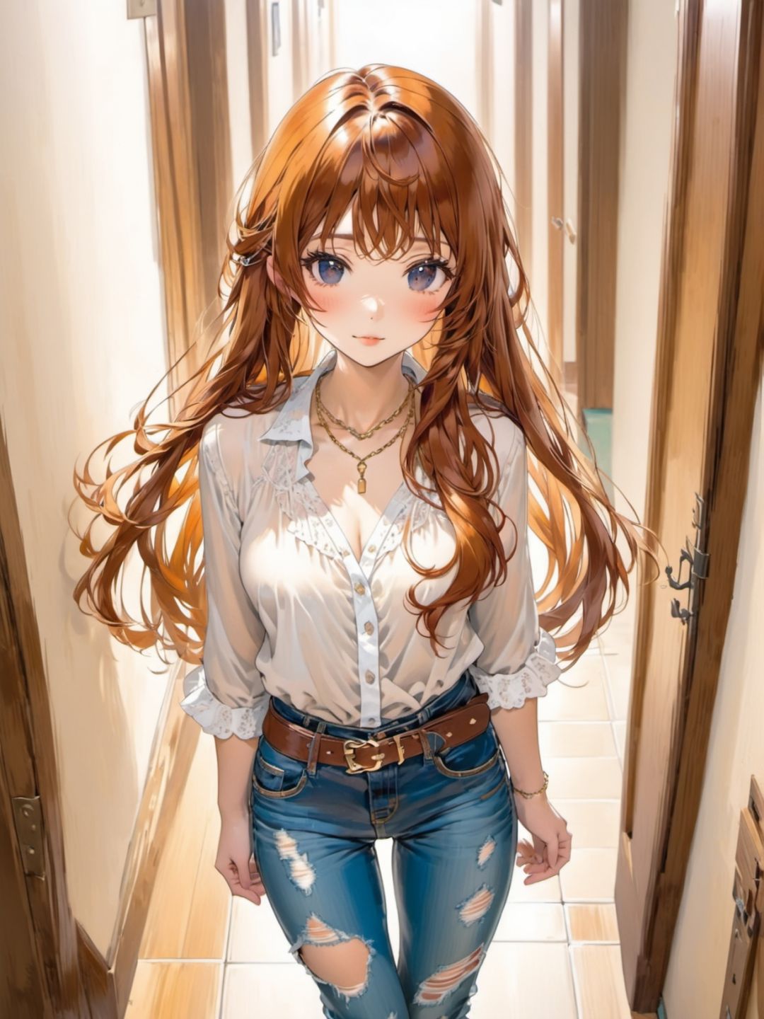 1girl, caramel hair, very long hair,    bangs,  pretty blouse jeans chain belt ,  classical connecting corridor daytime, 