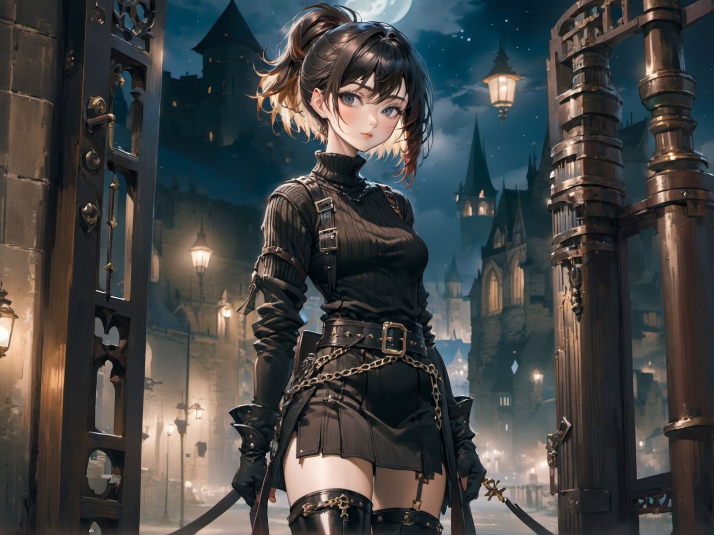 young women,  jet hair, short hair,  split ponytail hair,  bangs,  military knit dress pants chain belt thigh boots,  fantasy gate nighttime, 