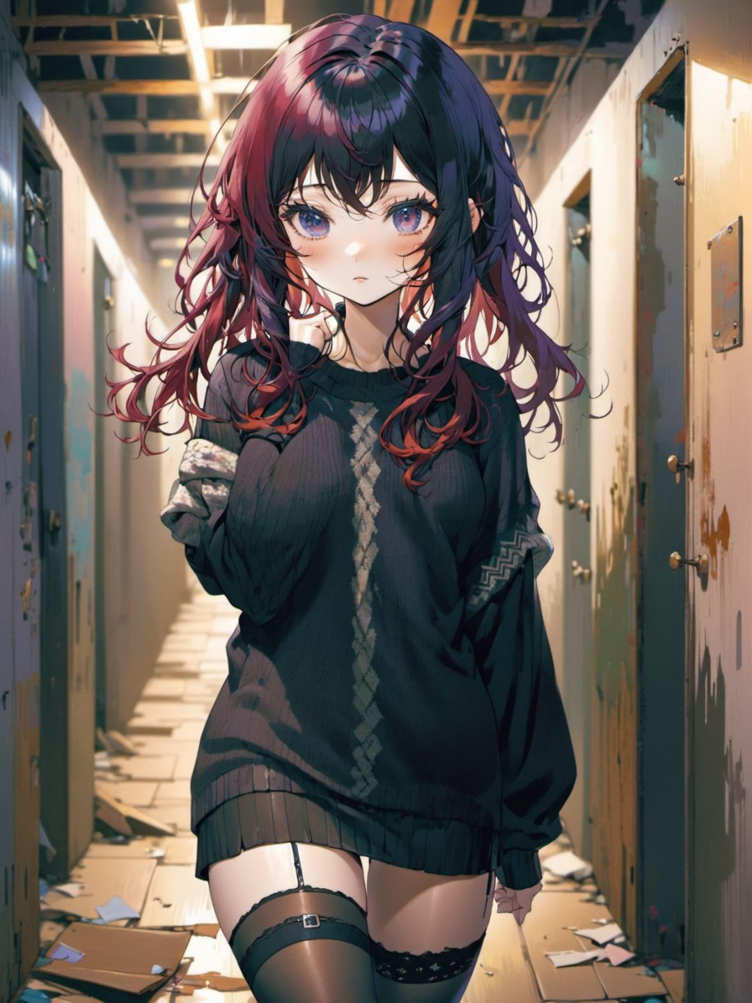 1girl, multicolored hair, absurdly long hair,  ringlets hair,  bangs,  sexy sweater short-sleeved shirt thigh high stockings ,  abandoned common corridor midnight, 