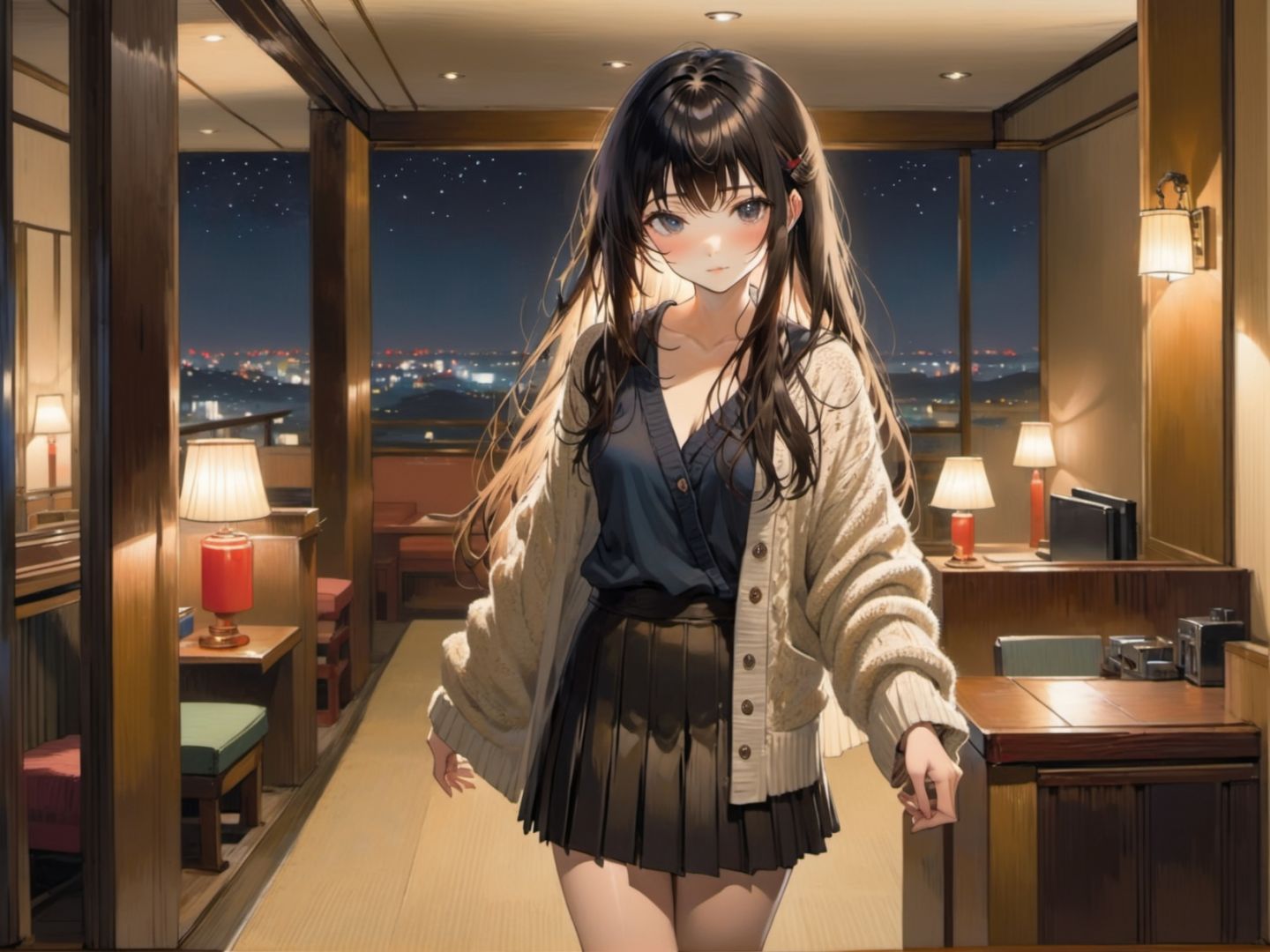 young women,  dark hair, absurdly long hair, asymmetrical hair, disheveled hair, blunt bangs bangs,   cardigan pleated skirt bangle ,  japanese hotel reception nighttime, 