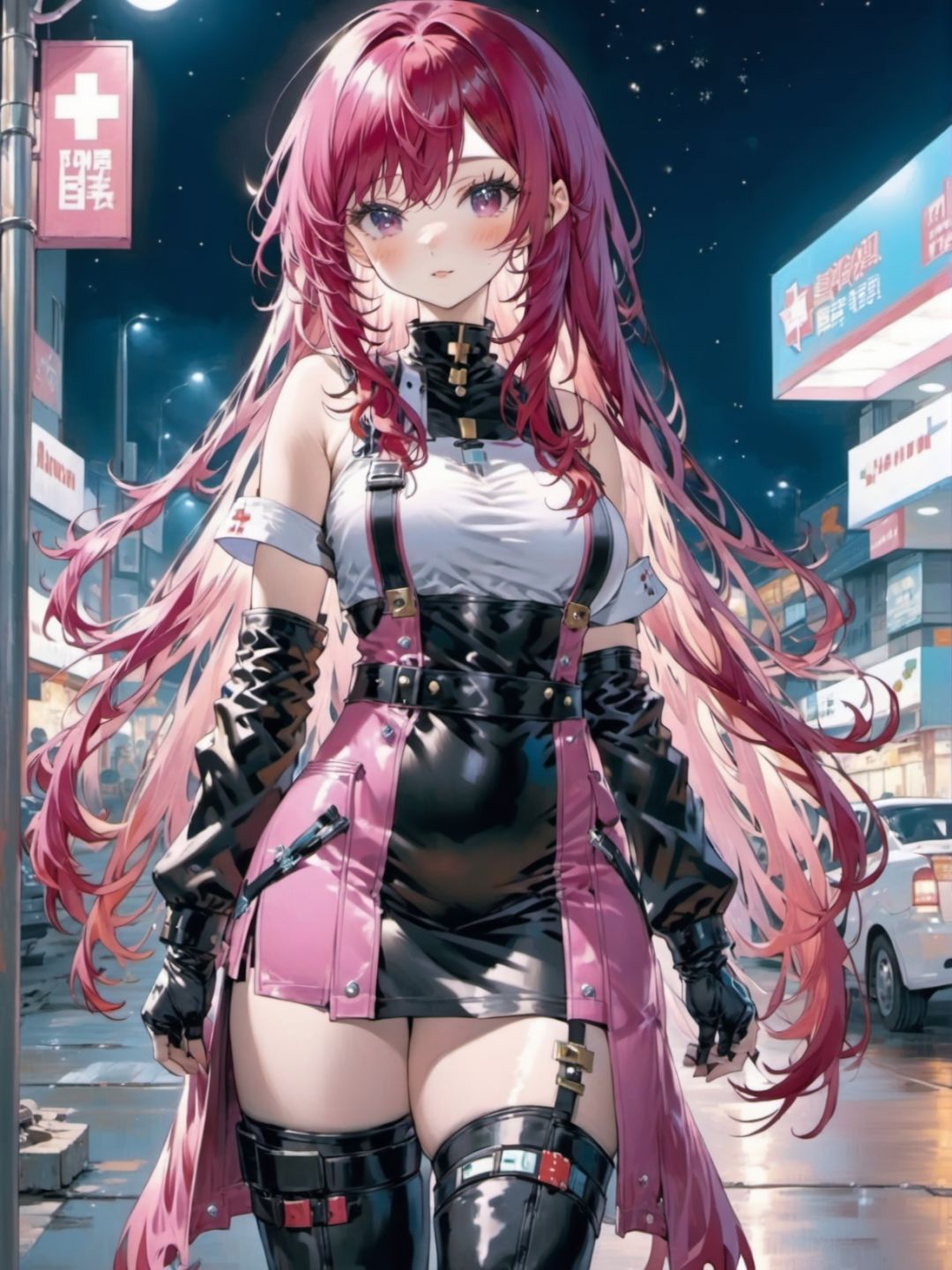 1girl, pink hair, very long hair, messy hair,  swept bangs bangs,  pop nurse ornaments thigh boots,  dark automobile retailer nighttime, 