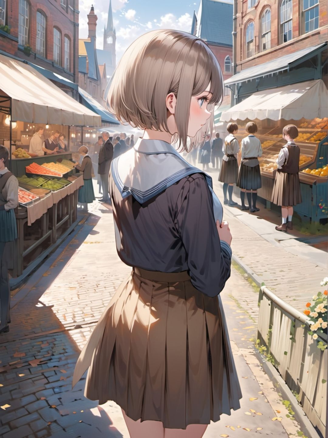 1girl, silver,brown , very short hair,  one side up hair, ,   school uniform collared shirt skirt, victorian market daytime,   from behind, 