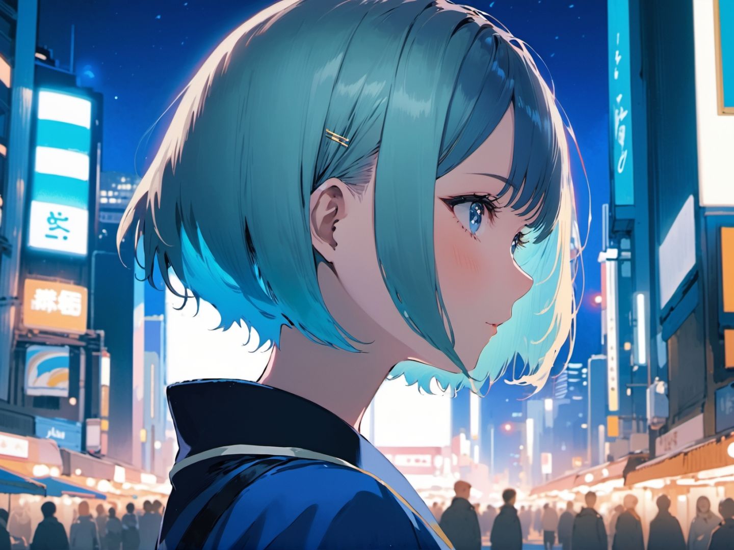 1girl, blue,aqua , short hair,  hair bun hair, ,   garment, classical Akihabara city midnight,   on screen of smartphone camera app frame, 