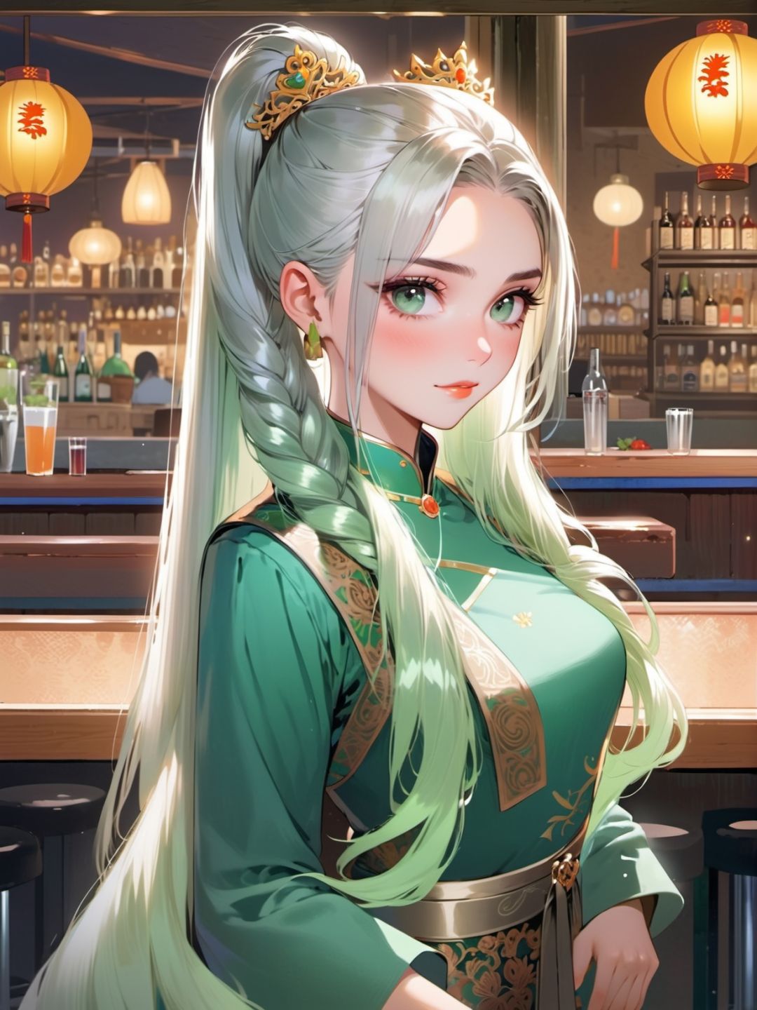 1girl, jade,platinum , absurdly long hair,  braid ponytail hair, ,   princess, chinese in bars daytime,   on screen of smartphone camera app frame, 