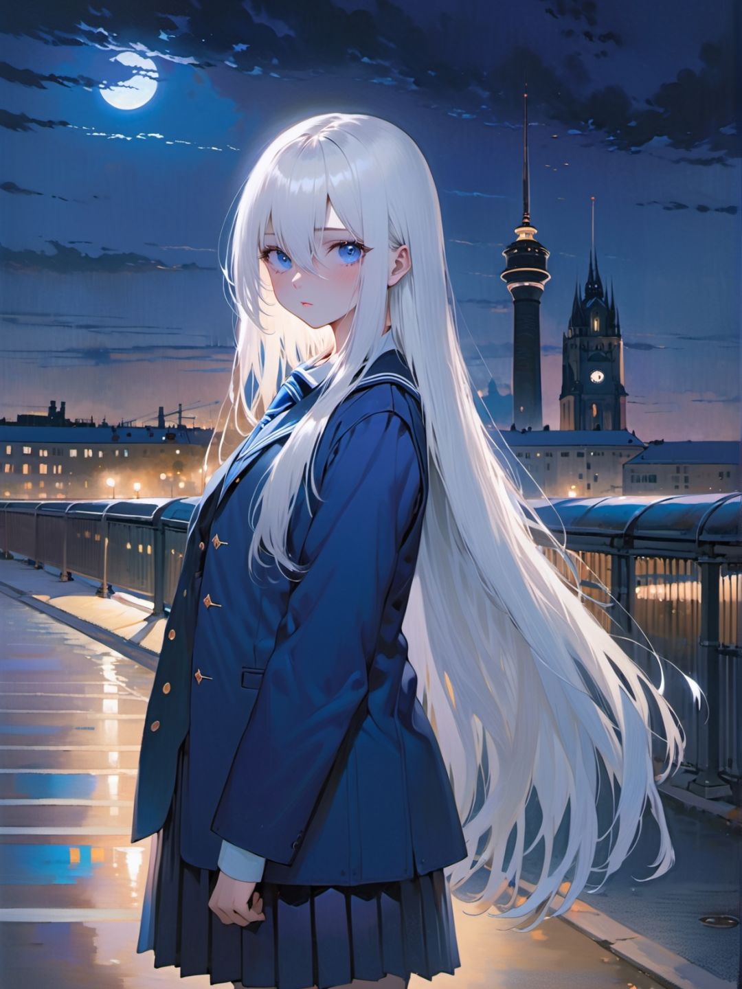 1girl, white long straight hair,indigo eye,   school uniform, dark Berlin city evening, 