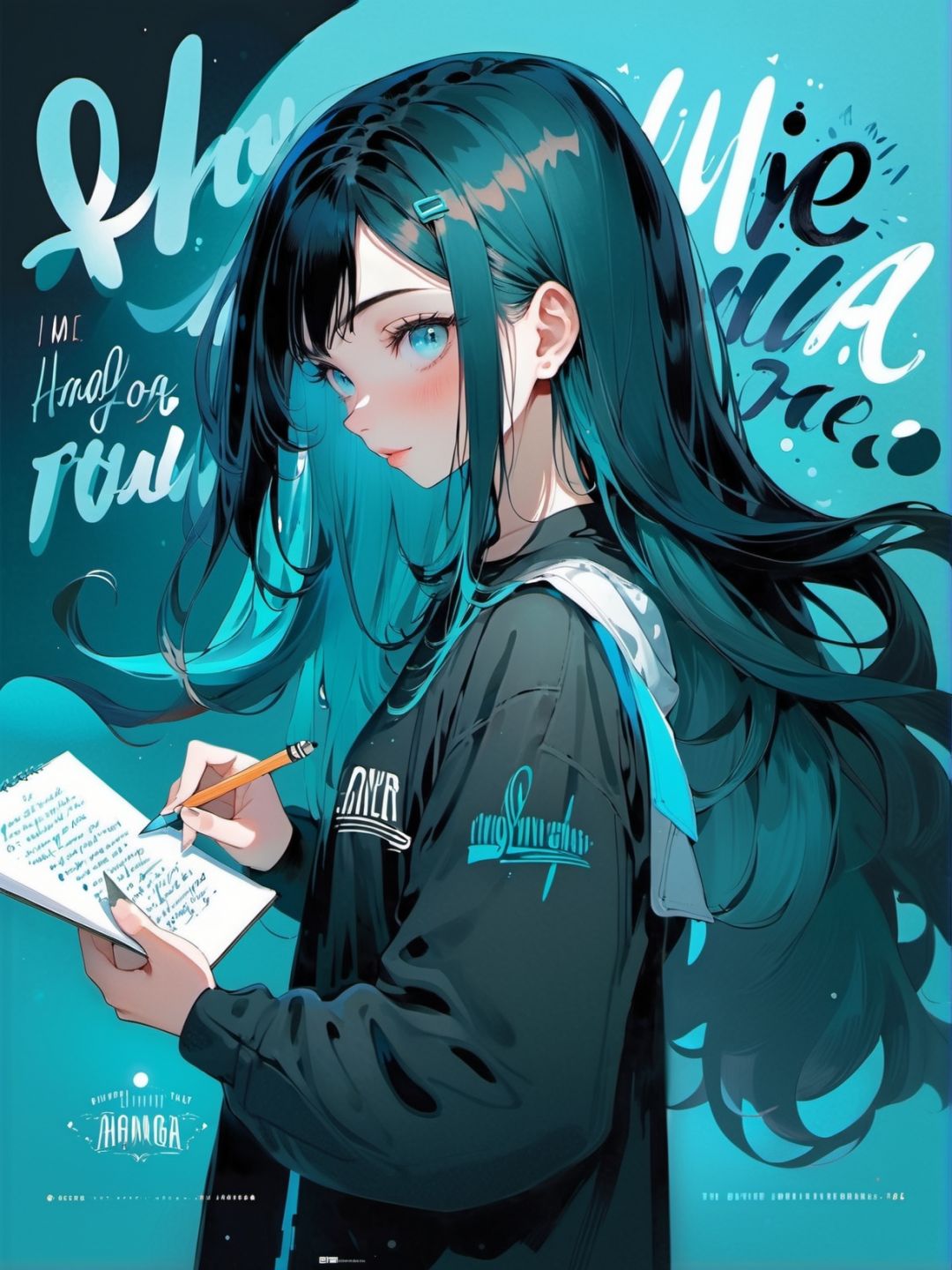 1girl, aqua,blue black , long hair,   , Create an image featuring hand-lettered typography, with expressive, custom lettering and a focus on the art of writing.