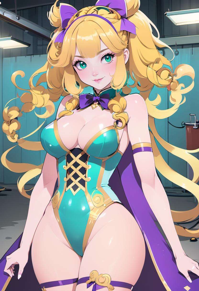 anime, 1girl, beautiful woman with muted gold hair, hair ribbon,Sugar and Spice Curls, outlandishly sexy costume design, (full body:1.3), in a moist, Japanese garage, , vibrant colors