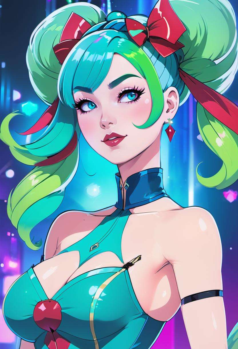 anime, 1girl, beautiful woman with blue-green hair with crimson highlights, Victory Rolls, outlandishly sexy costume design, (full body:1.3), in a  dance club, , vibrant colors