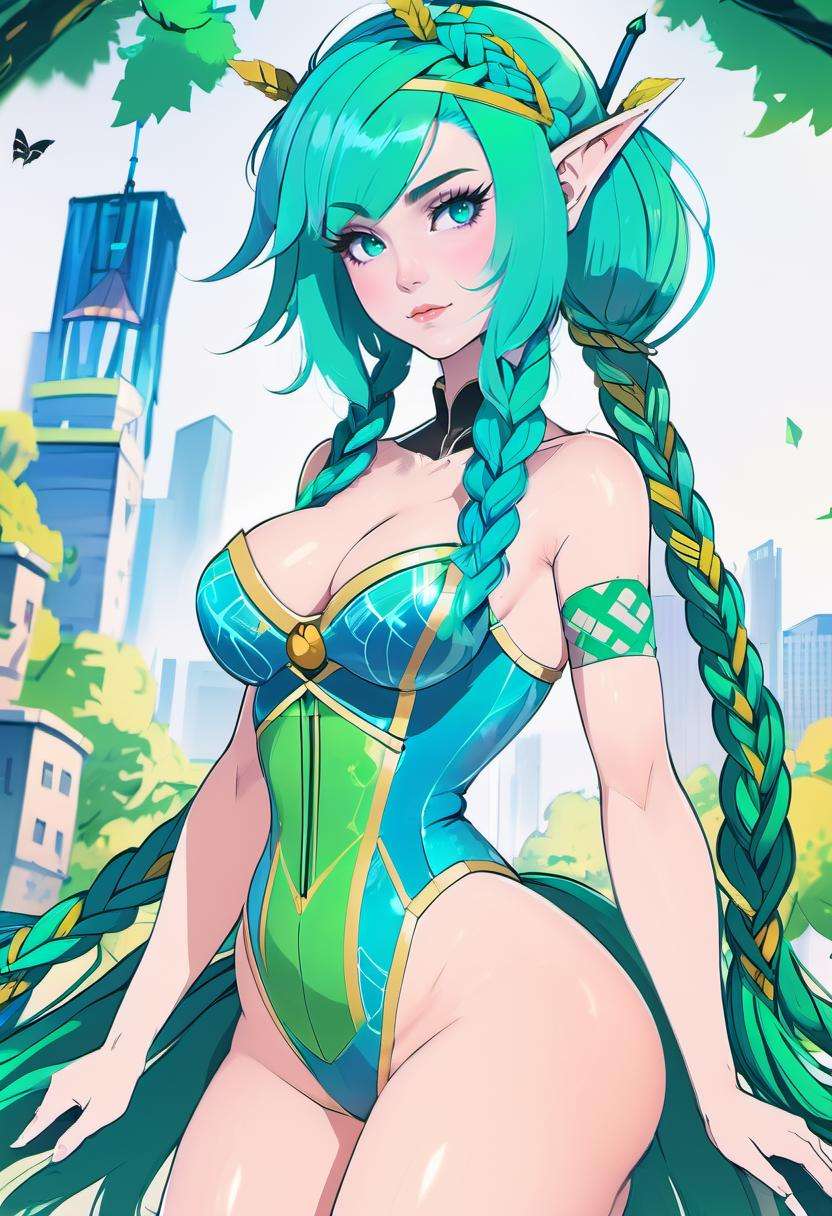 anime, 1girl, beautiful woman with blue-green hair, Basket Weave Braid,antenna hair, outlandishly sexy costume design, full body, in a natural, deciduous city, , vibrant colors