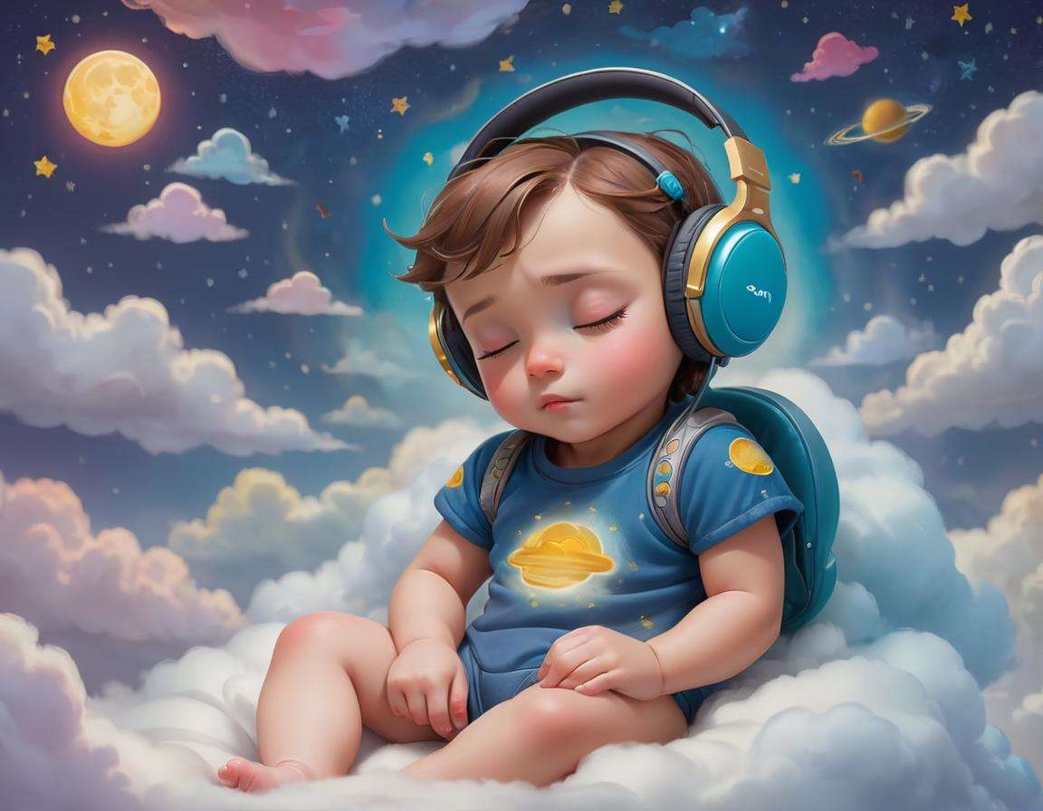 concept art a painting of a baby sleeping in the clouds , wearing (headphones:0.8) , cute , with a colorful bedtime outfit , neom , with a very starry night, art by Ann Geddes and van Gogh, pastel colors,   . digital artwork, illustrative, painterly, matte painting, highly detailed, Professional award winning sketch on paper
