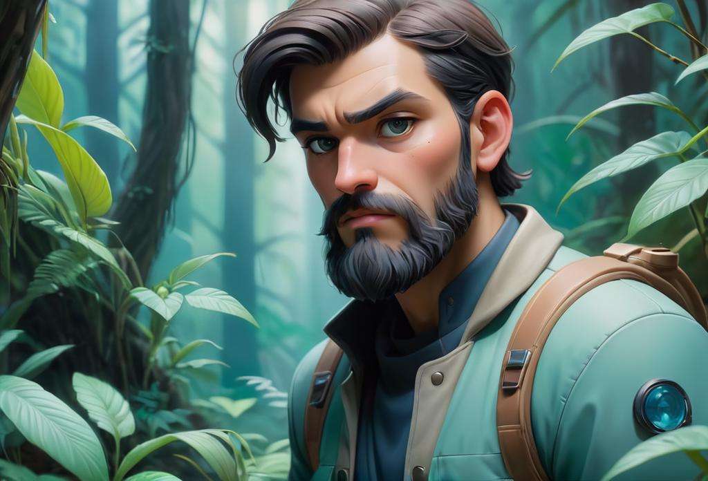 anime artwork breathtaking Masterpiece, award winning portrait of a bearded hipster explorer in a Jungle by Syd Mead, cold color palette, muted colors, detailed, 8k . award-winning, professional, highly detailed . anime style, key visual, vibrant, studio anime, highly detailed