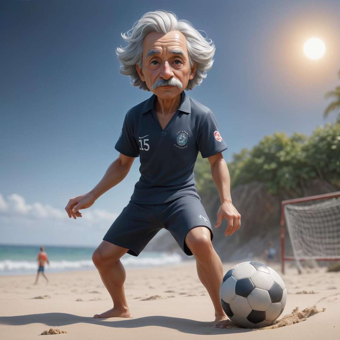 albert einstein playing soccer on the beach, hyperdetailed, painting by rockwell, backlighting intricate octane render highly detailed 8k HDR UHD high quality professional unreal engine trending on artstation lens flare shade