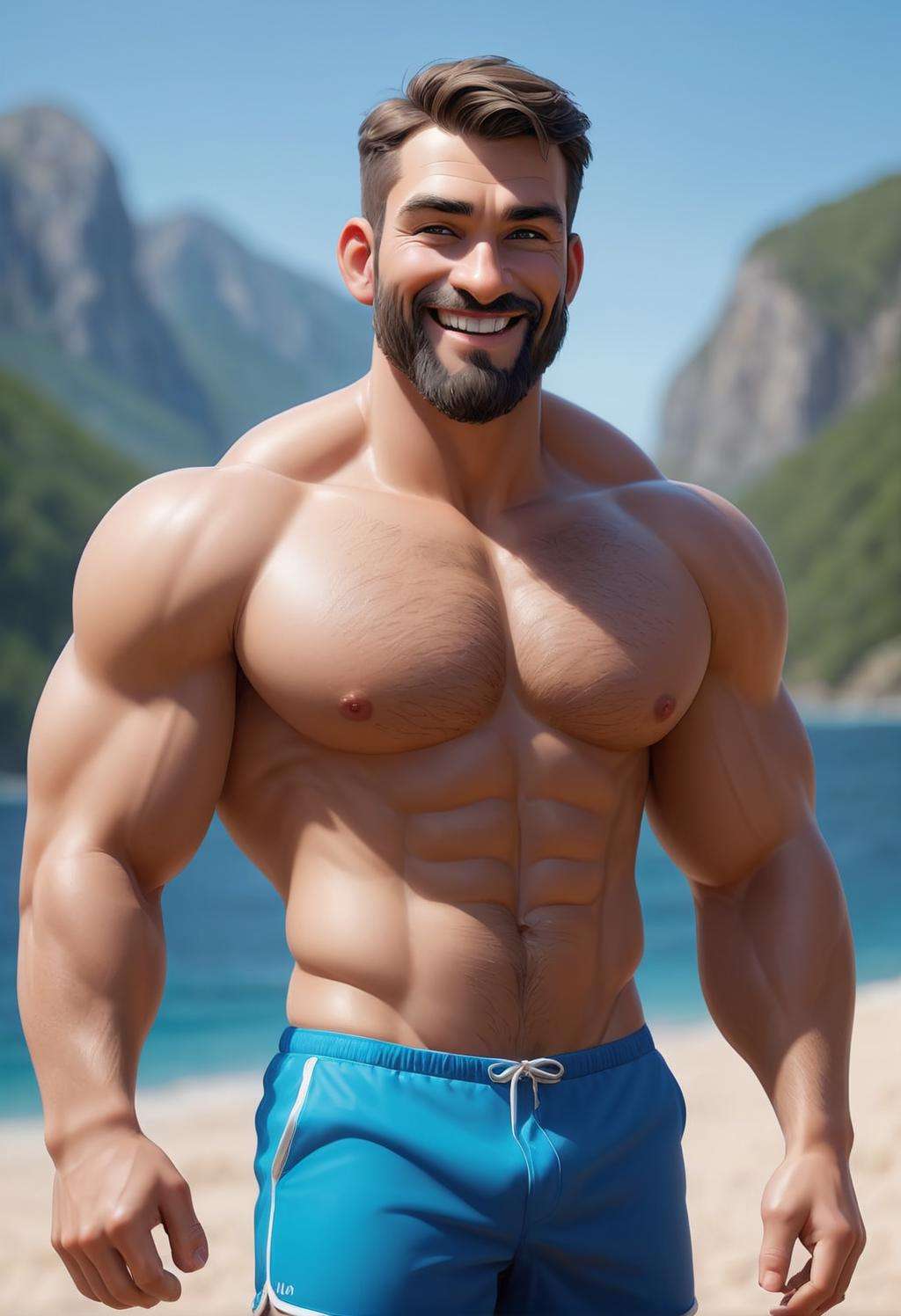 cinematic photo breathtaking naked man smiling, bear, muscles, beard, chest hair,, sexy, on the beach, blue swim shorts, outdoors, veiny musclular, bulging, endowed, exposed, homoerotic, detailed skin, moles, hair, wrinkles, . award-winning, professional, highly detailed, backlighting intricate octane render highly detailed 8k HDR UHD high quality professional unreal engine trending on artstation lens flare shade . 35mm photograph, film, bokeh, professional, 4k, highly detailed