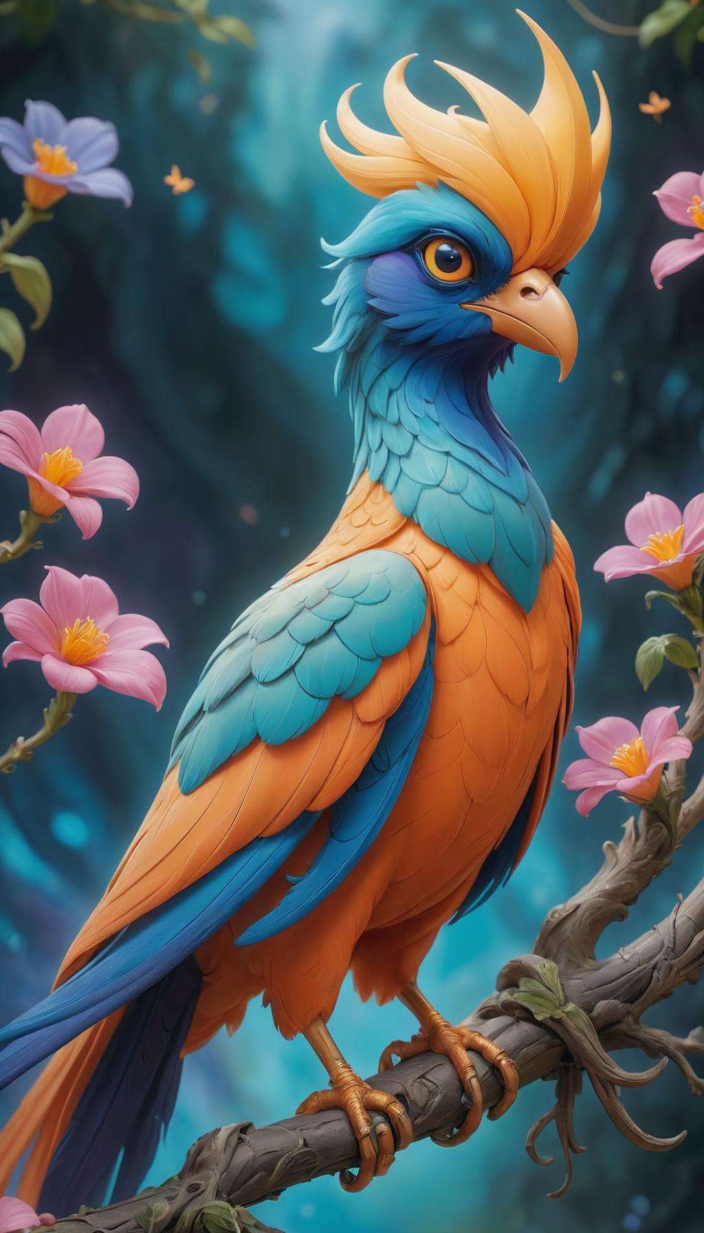 ethereal fantasy concept art of exotic bird, painting, highly detailed, ornate, intricate, black, orange, yellow, gold, green, violet, blue, cyan, ultra real, long, swirling feather, gorgeous, fairytale, starry background, space nebula, colorful, dreamlike style, fantasy, surreal environment. . magnificent, celestial, ethereal, painterly, epic, majestic, magical, fantasy art, cover art, dreamy