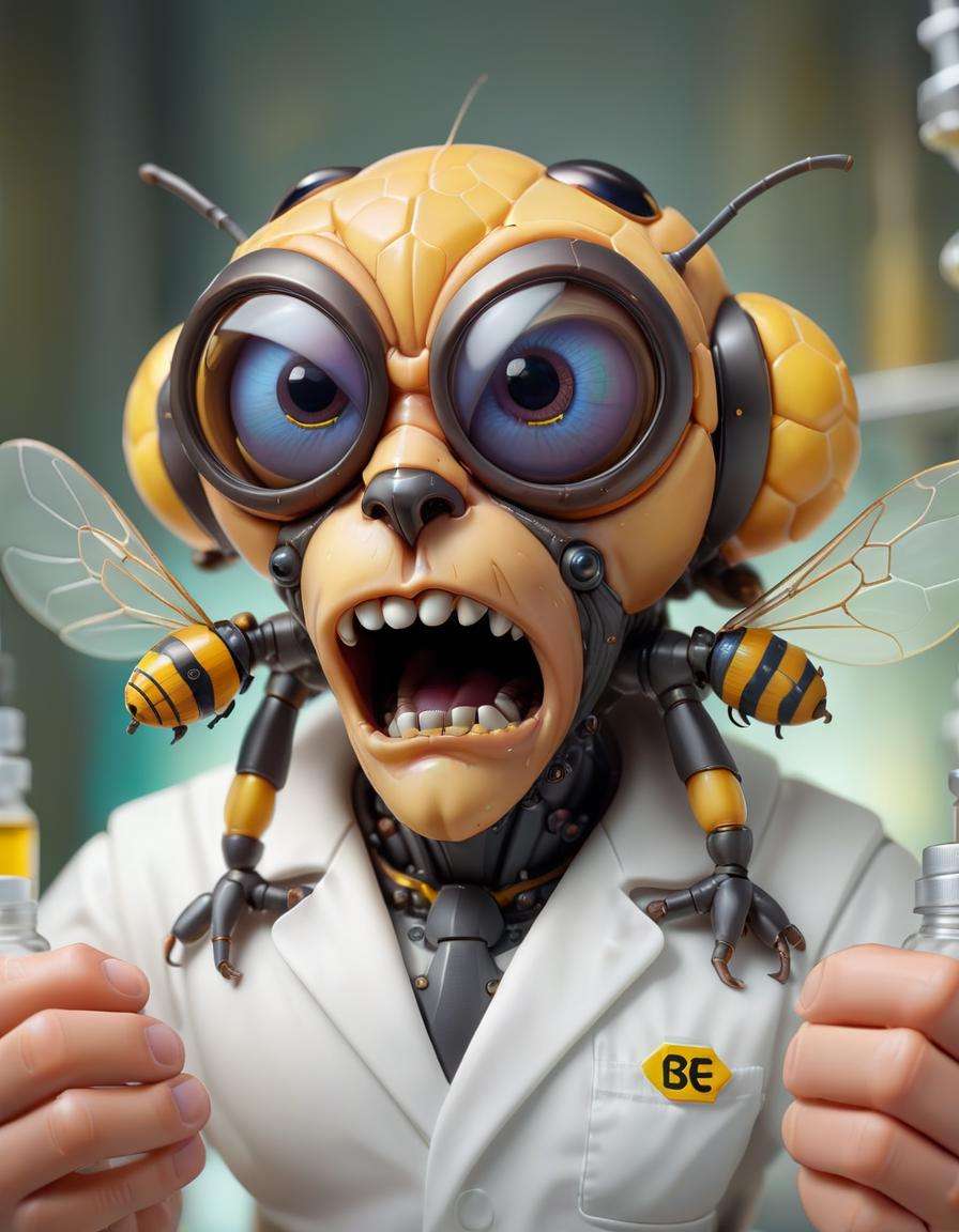 Close up of a bee scientist, bee head, bug eyes, human hands, mixing vials in a lab, DOF, bokeh