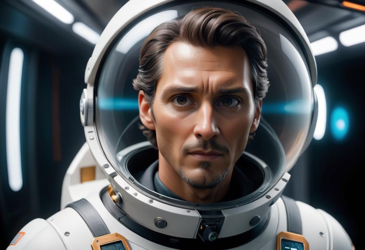 Matthew McConaughey is a futuristic astronaut, flying a science fiction spacecraft shuttle, a look of severe concentration on his sweaty face, action scene, interstellar movie, 2015, cinematic LUT, Ektachrome, Romantic, Realism, flat lighting, gilded technique, DOF, bokeh, digital cinematic color grading natural lighting cool shadows warm highlights soft focus actor directed cinematography dolbyvision