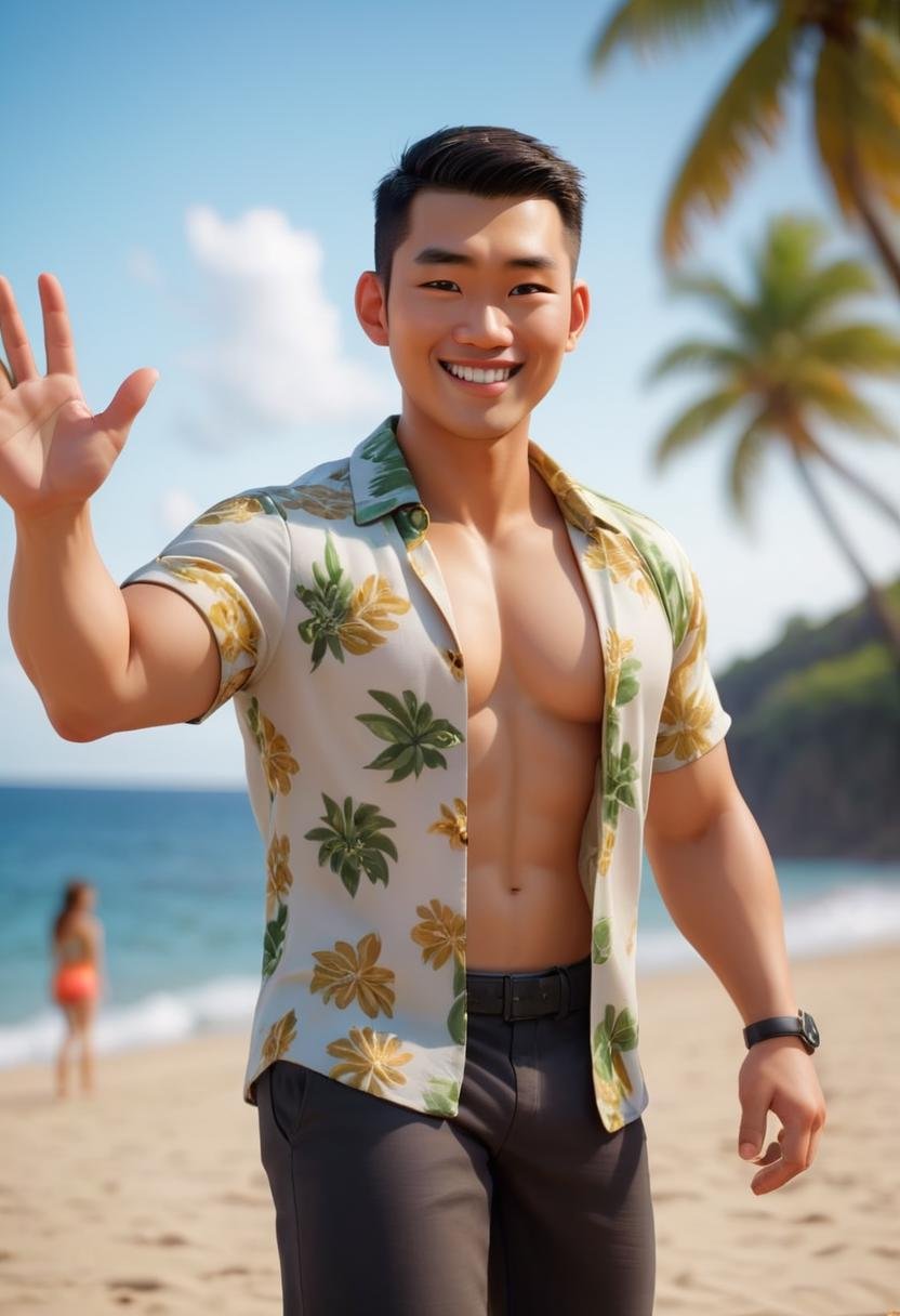 waving his hand hello at me, overweight Simu Liu is  waving at me, standing on the beach, open unbuttoned white hawaiian shirt, six pack abs, big smile, happy nerdy, dork, Ektachrome, Romantic, Realism, flat lighting, gilded technique, DOF, bokeh, digital cinematic color grading natural lighting cool shadows warm highlights soft focus actor directed cinematography dolbyvision