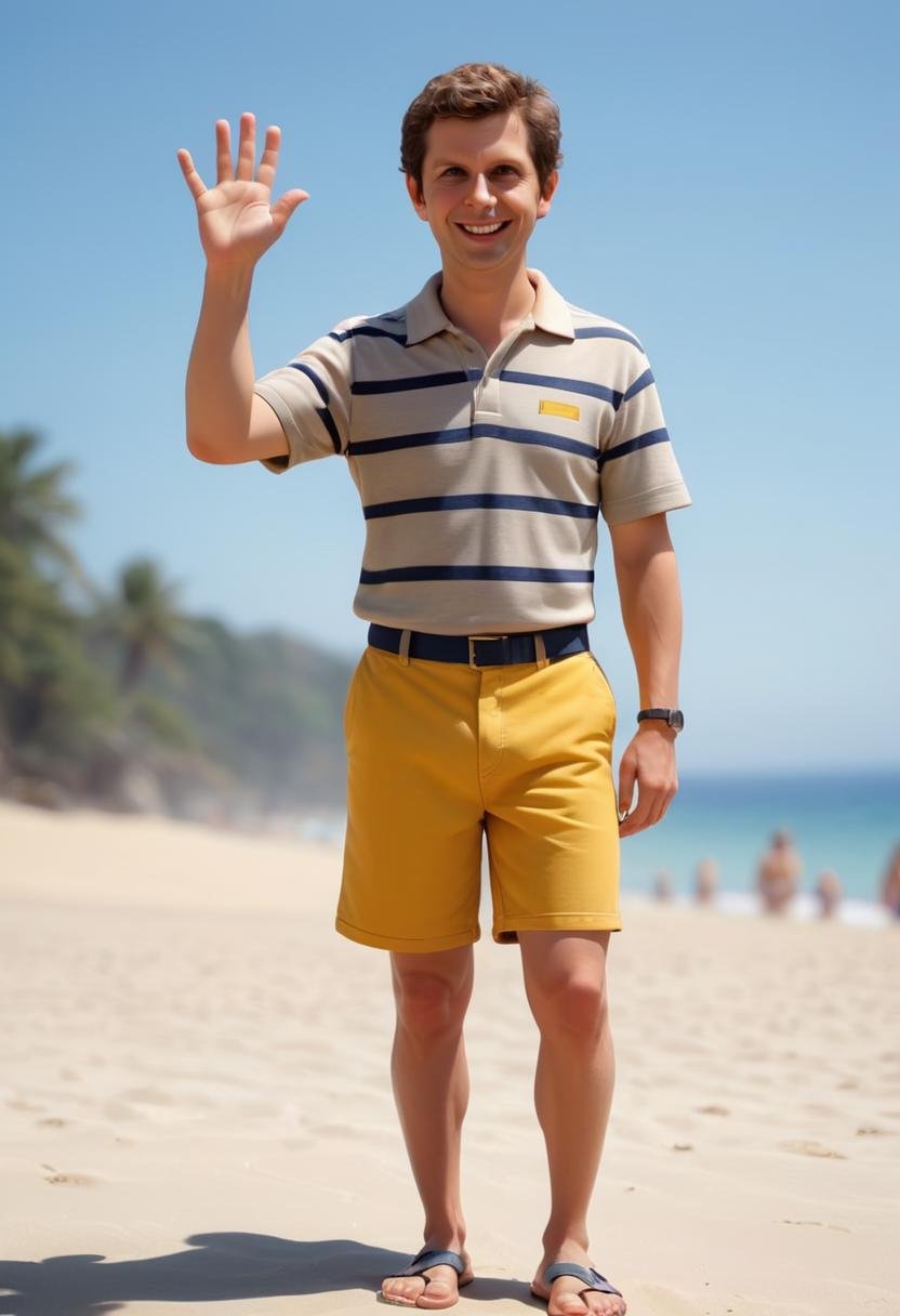 waving his hand at me, smiling happy middle aged 40 year old Michael Cera with very short dark brown hair, wearing a terrycloth white shirt with yellow horizontal stripes on it, wearing pastel navy blue swimtrunk shorts and sandals, standing alone on the beach, waving at me, nerdy, dork, Ektachrome, Romantic, Realism, flat lighting, gilded technique, DOF, bokeh, digital cinematic color grading natural lighting cool shadows warm highlights soft focus actor directed cinematography dolbyvision