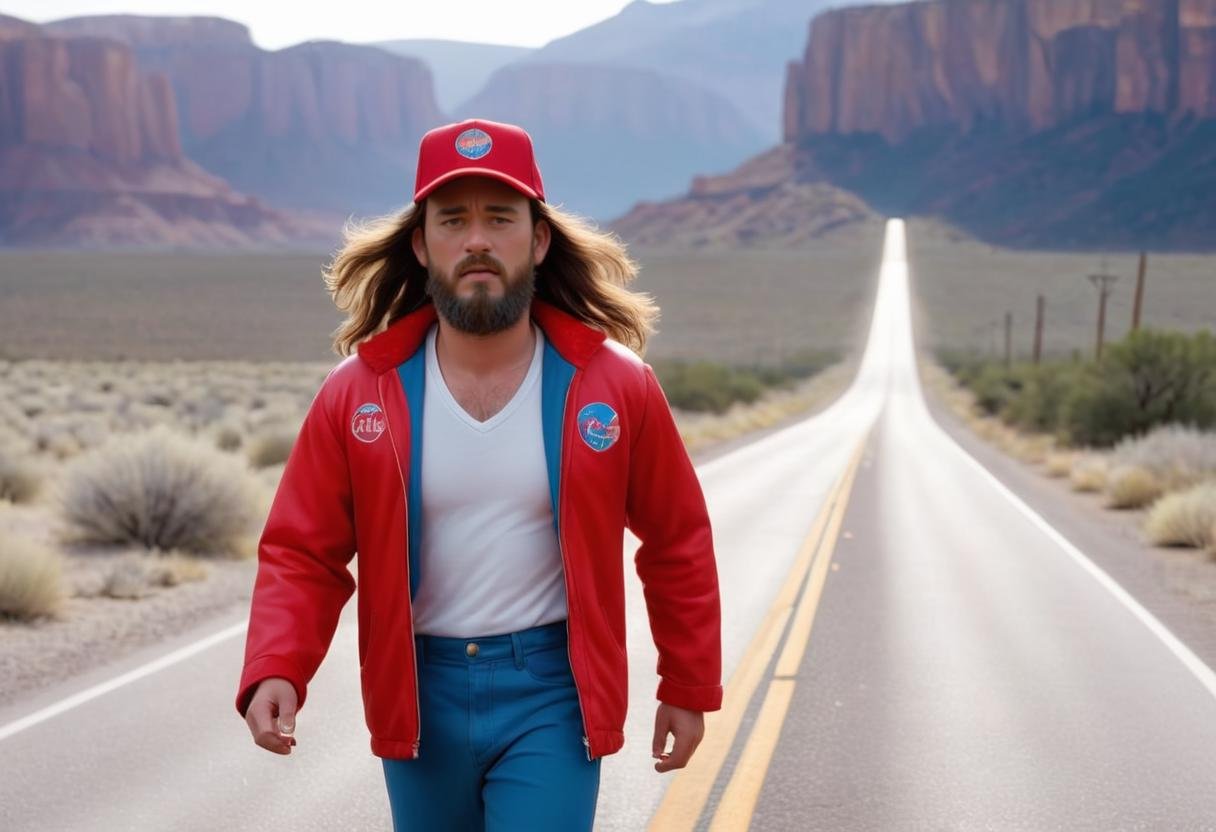 30 years old Tom Hanks is Forrest Gump running on a long empty desert road in Utah, (chest length long unkempt fluffy beard:1.3), long hair, red rain slick coat, wearing a red and white bubba gump trucker hat, worn blue sneakers