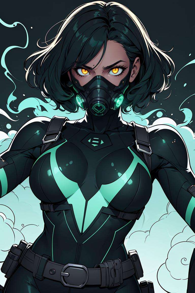 (original-art:1.2),(lineart:1.33),masterpiece, best quality, valorantviper, green bodysuit, elbow gloves, belt, gasmask, looking at viewer, face, portrait, close-up, glowing eyes, green smoke, <lora:viper-nvwls-v1-final:1> holding pistol, action pose, dynamic pose,