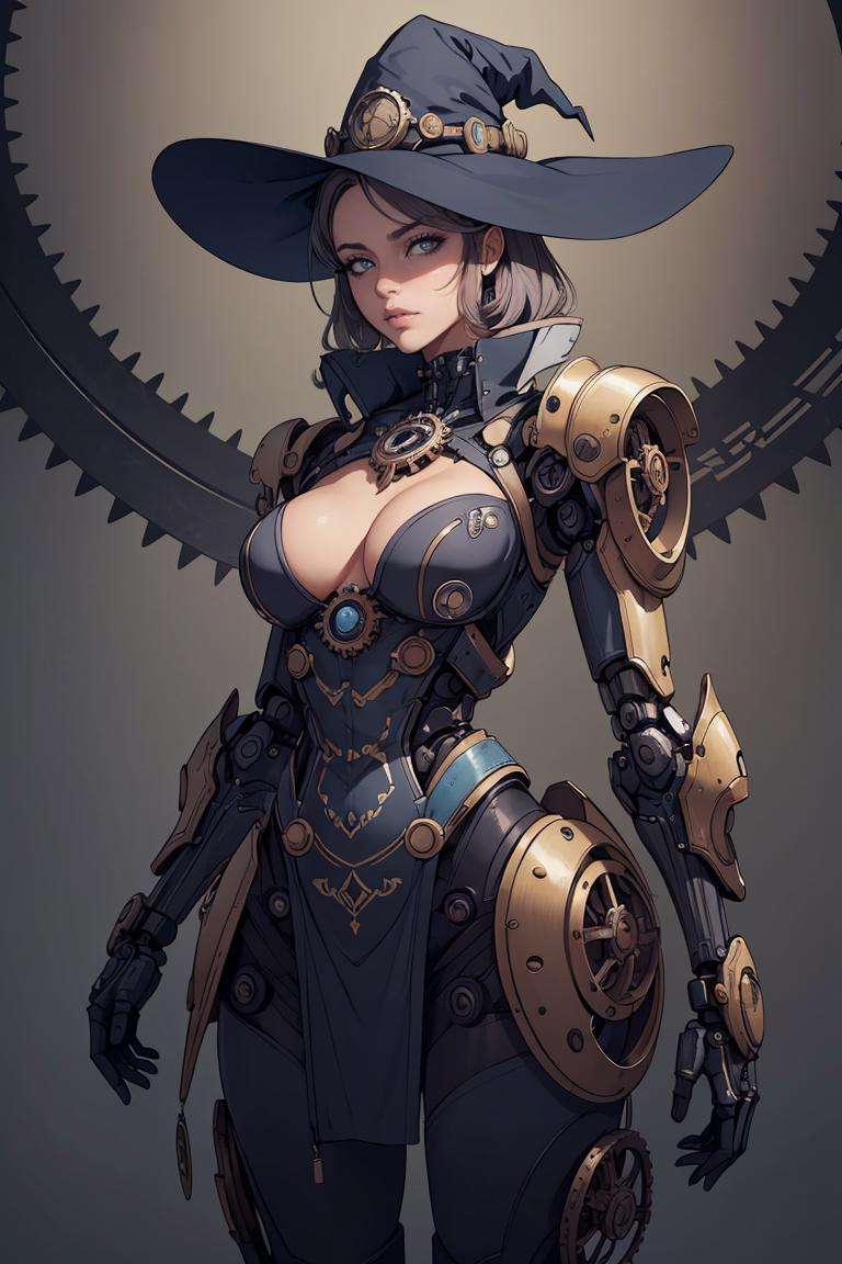 Cowboy Shot,(Masterpiece, best quality:1.2), professional work, extremely detailed, high quality, 16K, highres, ultra details, finely detail, an extremely delicate and beautiful, extremely detailed, vibrant color, dominating, biochemical cybernetic 1young witch, steampunk clockwork witch hat, cybernetic style witch dress, stray hair, magical aura, dynamic pose, (fractal art:1.5, zentangle:1.1), (epic composition, epic proportion), (gears background), mechanical parts, robot joints, headgear, full armor, mechanical parts, robot joints, headgear, full armor, mecha musume