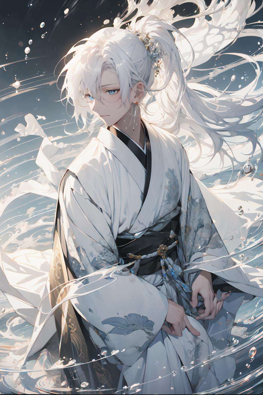 (masterpiece:1.2), best quality,PIXIV, splashing ink,long hair, solo, hanfu, Chinese clothes, jewelry, blue eyes, earrings, male focus, white hair, 1boy, sash, floral print, floating hair,  hair ornament, long sleeves, bangs, obi, ponytail, white cloth, closed mouth,Sit, sit on the stone, bamboo forest, bamboo,  <lora:splashing ink_20230807094909:1>