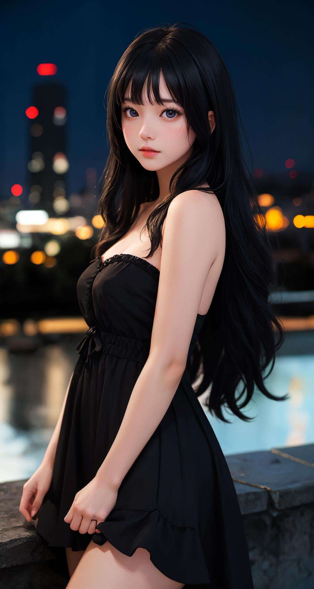 (masterpiece), (best quality:1.4), looking at viewer, lady, night, outdoors, cinematic, depth of field, (black theme|white theme),black_hair, black_eyes, (shiny_skin), side bang, dress, bare legs, upper body, (natural wavy:0.9), fringe, long hair, city,