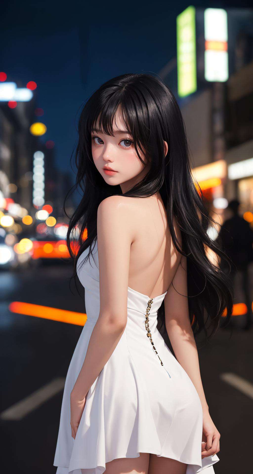 (masterpiece), (best quality:1.4), looking at viewer, lady, night, outdoors, cinematic, depth of field, (black theme|white theme),black_hair, black_eyes, (shiny_skin), side bang, dress, bare legs, upper body, (natural wavy:0.9), fringe, long hair, city,