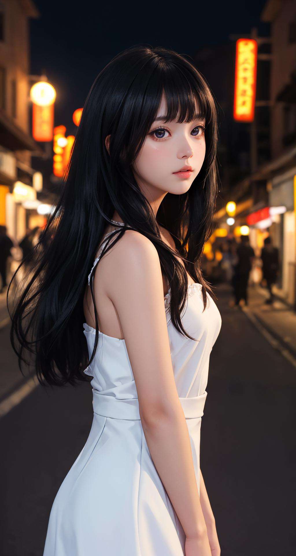 (masterpiece), (best quality:1.4), looking at viewer, lady, night, outdoors, cinematic, depth of field, (black theme|white theme),black_hair, black_eyes, (shiny_skin), side bang, dress, bare legs, upper body, (natural wavy:0.9), fringe, long hair, town,