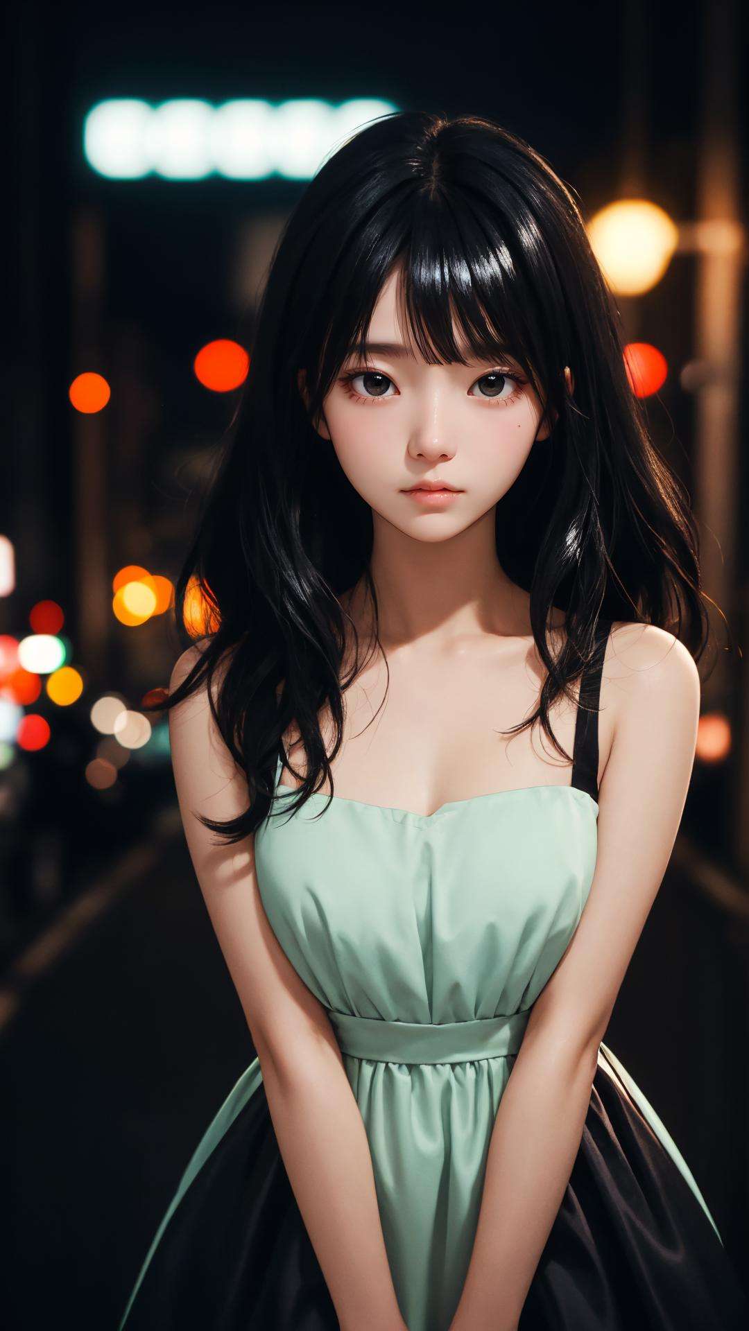 fringe, (lady:1.1), night, town, depth of field, cinematic,(black theme:1.2), black hair, dark eyes,bare legs,(masterpiece), (best quality), (shiny skin:1.2), shy face, upper body,(natural wavy:0.8), side bangs,dress,