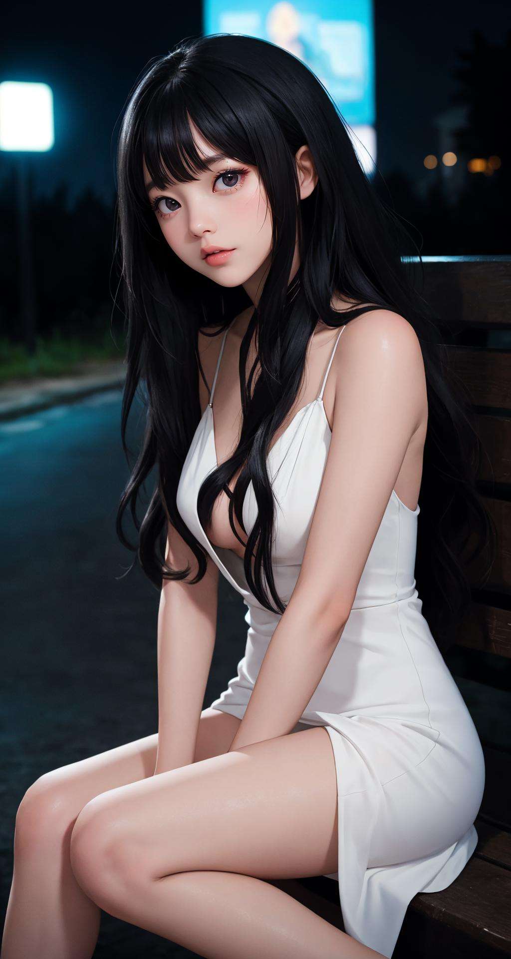 (masterpiece), (best quality:1.4), looking at viewer, lady, night, outdoors, cinematic, depth of field, (black theme|white theme),black_hair, black_eyes, (shiny_skin), side bang, dress, bare legs, upper body, (natural wavy:0.9), fringe, long hair, club, underground, 
