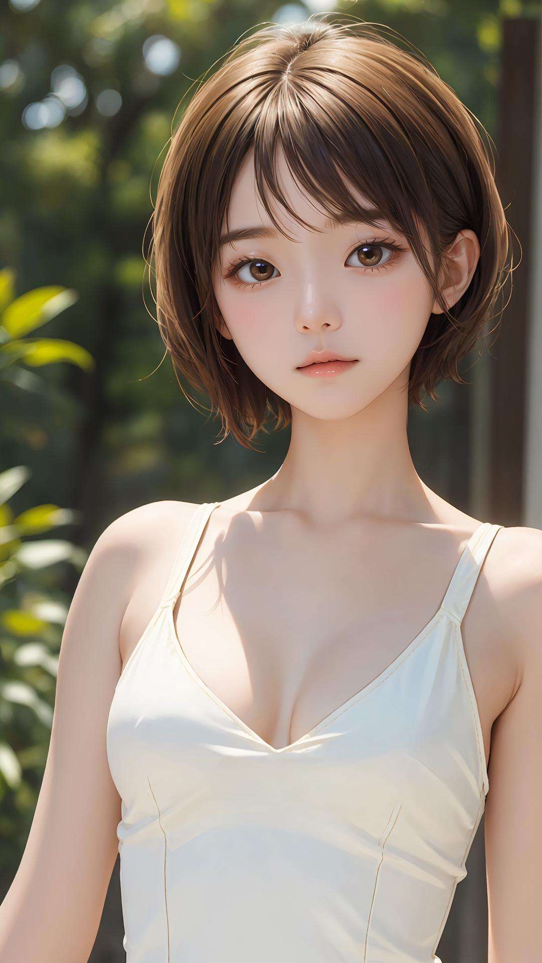 model, runway,(masterpiece), (best quality), lady, bright skin, (shiny skin:1.2), (ivory theme), shy face, upper body,(natural wavy:0.8), medeum breasts,pixie cut,walking,looking at viewer, korean,