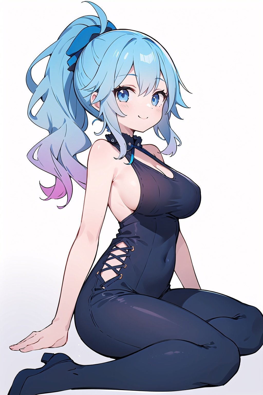 (white background:1.2),sitting,looking away,smile,blue eyes,loli,(big breasts:1.2),(1girl, solo:1.2),(alternate costume:1.2),(blue hair, gradient hair, medium hair, wavy hair, ponytail:1.1),looking at viewer,sideboob,