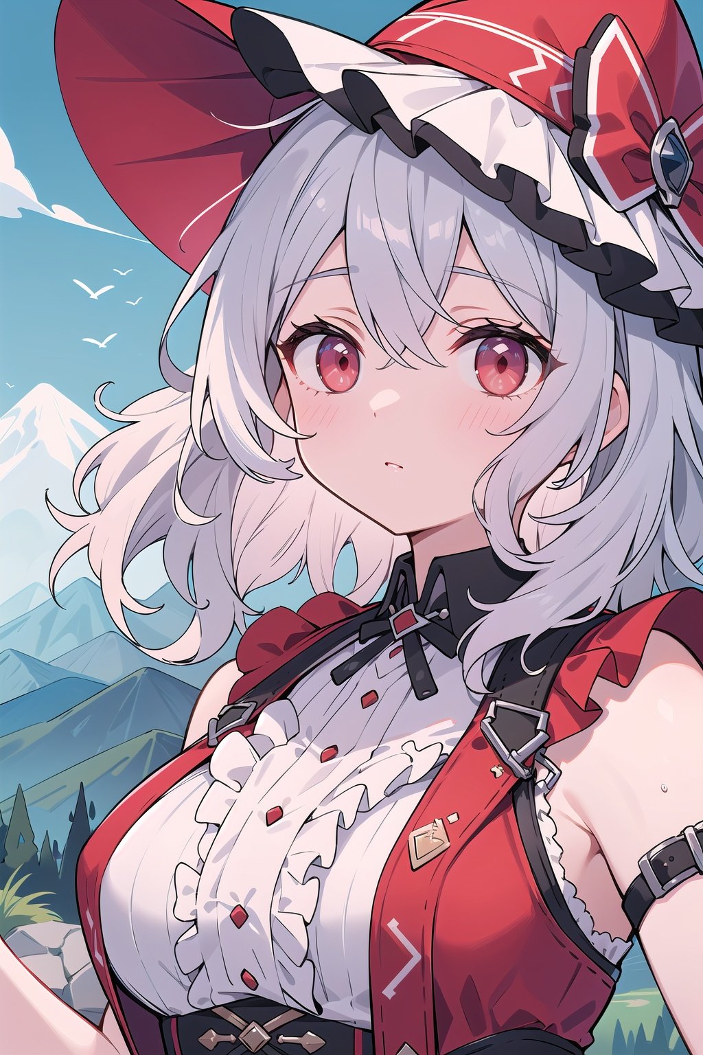 (masterpiece, best quality, high quality, highres, ultra-detailed),short hair,silver hair,red eyes,wavy hair,breasts,frills,outdoors,mountain,close-up,alternate costume,