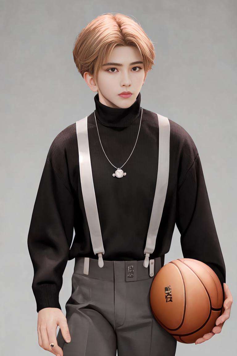 4k, fine detail, ultra high resolution, detailed face, delicate eyes, gradient eyes, gradient hair, light tracing,    real skin, beautiful skin,basketball, phasianid, 1boy, solo, suspenders, male focus, turtleneck, pants, necklace, jewelry, long sleeves, cowboy shot, black sweater, sweater, simple background, black shirt, grey pants, ball, black hair