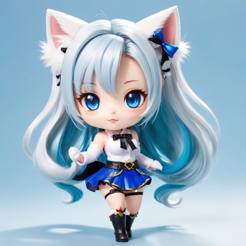 1girl,Beast Ears,Tail,Chibi,White Hair,Cat Ears,solo,cat tail,Long hair,hair accessories,Catwoman,Virtual youtuber,Skirt,blue eyes,ahoge,Bow,white background,Beast Ear Fluff,Hairpin,Keep,
