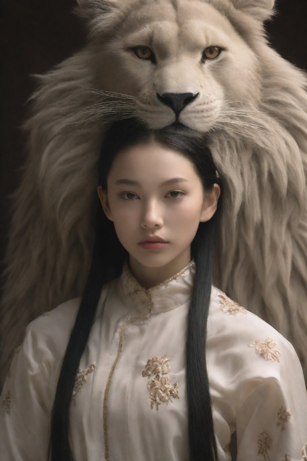 Modern Chinese girl, fashionable beauty, tall ponytail girl, Fashion clothing, lion clothing, lThe lion's head is on her shoulder,Personality Black Skirt,