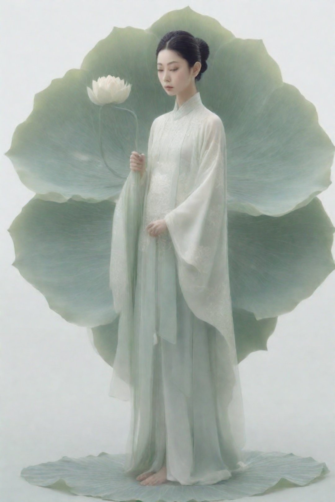 Ancient Chinese Beauty, wearing Hanfu, standing by one enormous lotus leave with intricate patterns, median transparent/translucent lotus leave, soft glow, in the style of Albert Watson, minimalism, light emerald and white, simple white background, surrealist, feminine sensibilities