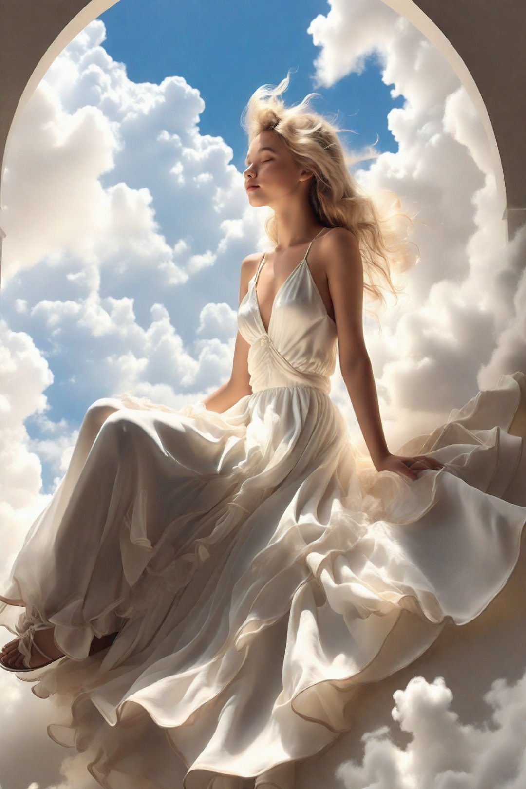 An elegant girl sat on the soft white clouds, wearing a flowing long dress and smiling as she looked down at the world below. The sun shone on her, creating a dreamlike atmosphere, as if she were an angel floating in the sky