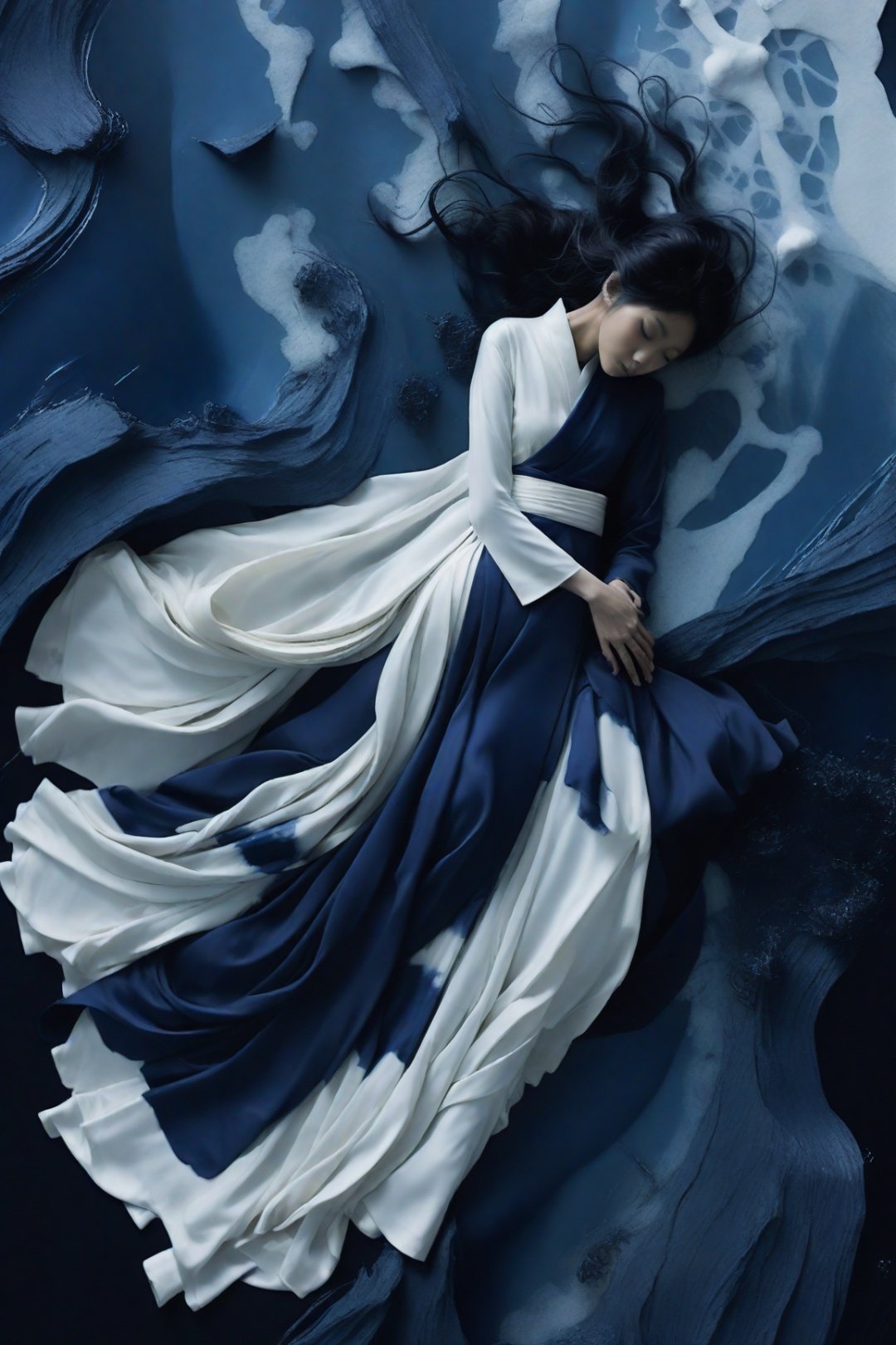 asian in winter wedding photo shoot, shiria sulakshita aiec, in the style of mysterious seascapes, distorted bodies, hyper-realistic water, dark white and indigo, contemplative absurdity, aerial view, slumped/draped