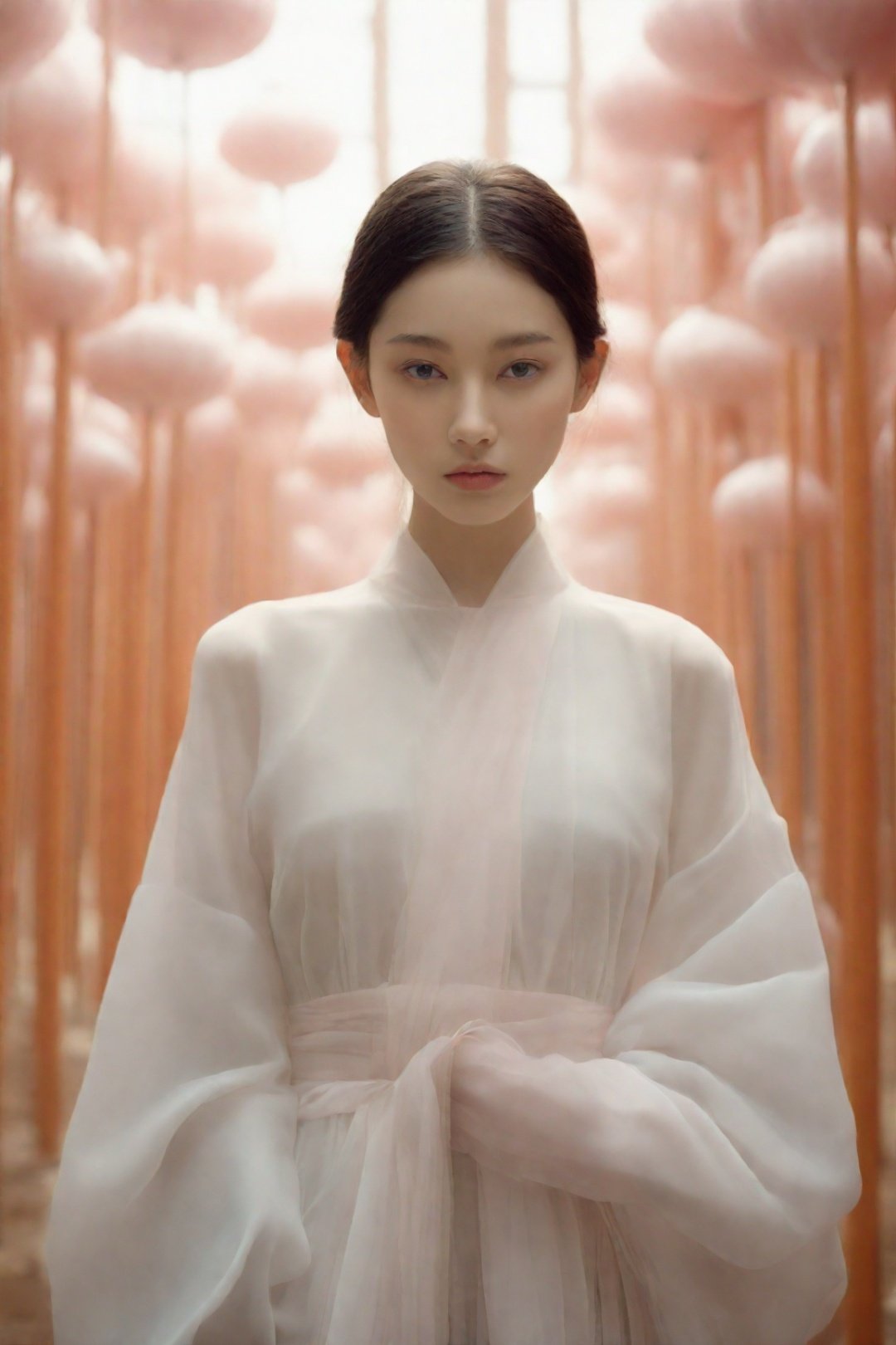 Modern Chinese girl, fashionable beauty, tall ponytail girl, cool, sassy, wearing Hanfu, standing by one enormous lotus leave with intricate patterns, median transparent/translucent lotus leave, soft glow, in the style of Albert Watson, minimalism, light emerald and white, simple white background, surrealist, feminine sensibilities