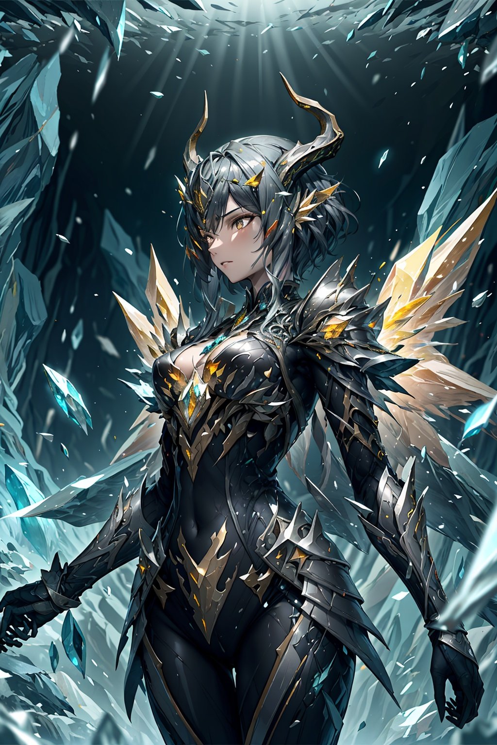 1 girl, cataract, dragon lady, dragon horns, dragon wings, crystal wings, shard wings, shard wings, dragon tail, scales, flying shards, shards (dark late gray eyes: 1. 2), BREAK bikini armor, magical, caves, crystals, mysterious passages, dripping streams, bioluminescent fungi, shimmering minerals, mythical atmosphere, adventurous atmosphere, atmosphere of other worlds, darkness(break, break space, flying crystal fragments, gorgeous battle background, yellow fragments, red fragments, flames tumbling)(Fragments,Crystals,blurry, depth of field, ) <lora:1111111111:0.7> <lora:warframe_v1:0.6>