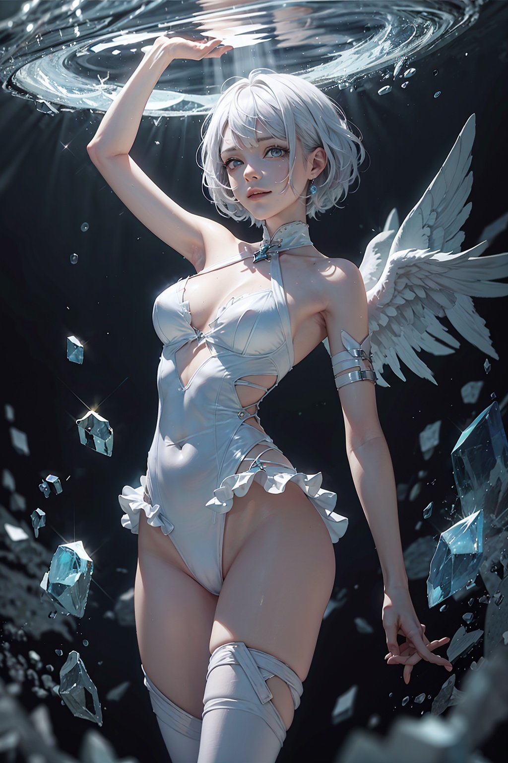 masterpiece, best quality,A girl inside the space of patting broken,back lighting, high contrast, blue shadows, blue sun, stream, angel ring, view from below camera,girl, sad smile, white hair, bare shoulder, complex arm, white skeleton, blue spine,thigh, cleavage, white leotard, glow eyes,cables, glow eyes,water, blue cables,(Fragments),Crystals <lora:1111111111-000008:0.7>