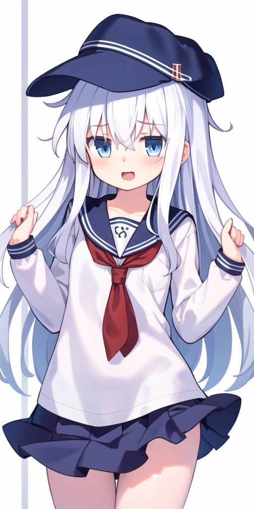 1girl,solo,long hair,white hair,blue eyes,flat cap,serafuku,pleated skirt,hibiki_(kancolle),standing,upper body,open mouth,happy,