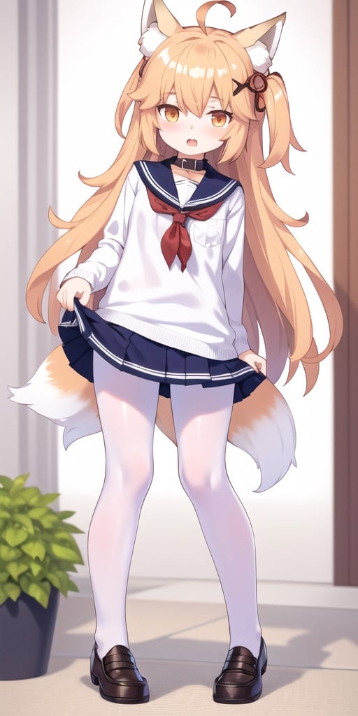 collar,long hair,fox ears,ahoge,orange eyes,open mouth,standing,full body,serafuku,pleated skirt, white pantyhose,brown loafers,(petite:1.2)