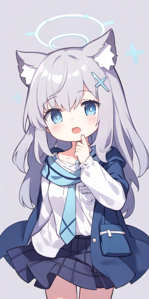 1girl,solo,long hair,grey hair,blue eyes,halo,animal ears,standing ,upper body,open mouth,happy,