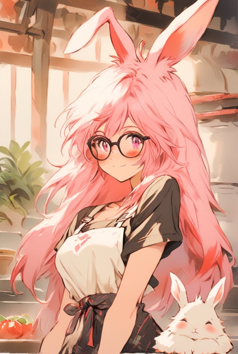 1girl, solo, animal ears, viera, avatar (ff14), glasses, long hair, rabbit ears, sitting, breasts, smile, cleavage, apron, indian style, looking at viewer, head tilt, pink hair, bangs, red-framed eyewear, black apron, shirt, white shirt, sleeves rolled up <lora:takawaters:1>