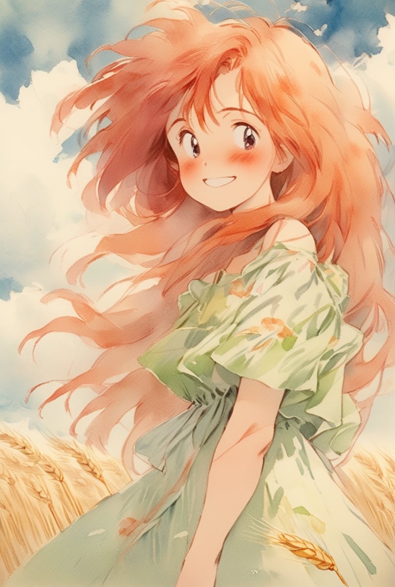 1girl, wheat, solo, cloud, smile, sky, red hair, long hair, outdoors, looking at viewer, upper body, wind, holding, cloudy sky, dress <lora:takawaters:1>