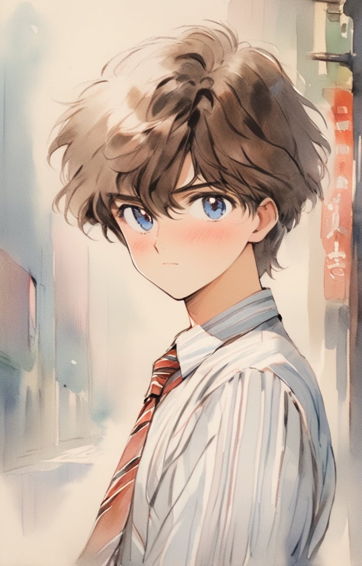 1boy, male focus, solo, necktie, blue eyes, portrait, brown hair, mole, looking at viewer, shirt, formal, collared shirt, mole under eye, striped, white shirt, closed mouth, suit, short hair, bangs <lora:takawaters:1>