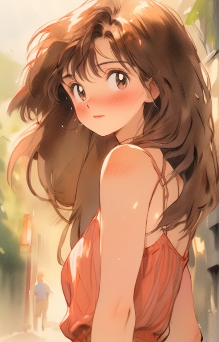 1girl, solo, breasts, blurry background, brown hair, long hair, looking at viewer, blurry, realistic, upper body, closed mouth, mole, lips, bare shoulders, outdoors, day, medium breasts, mole on breast, brown eyes, freckles, camisole, collarbone, sunlight, depth of field, tank top, mole on cheek <lora:takawaters:1>